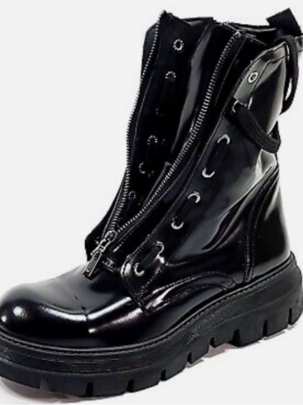Black Patent Combat Boots with Front Zip